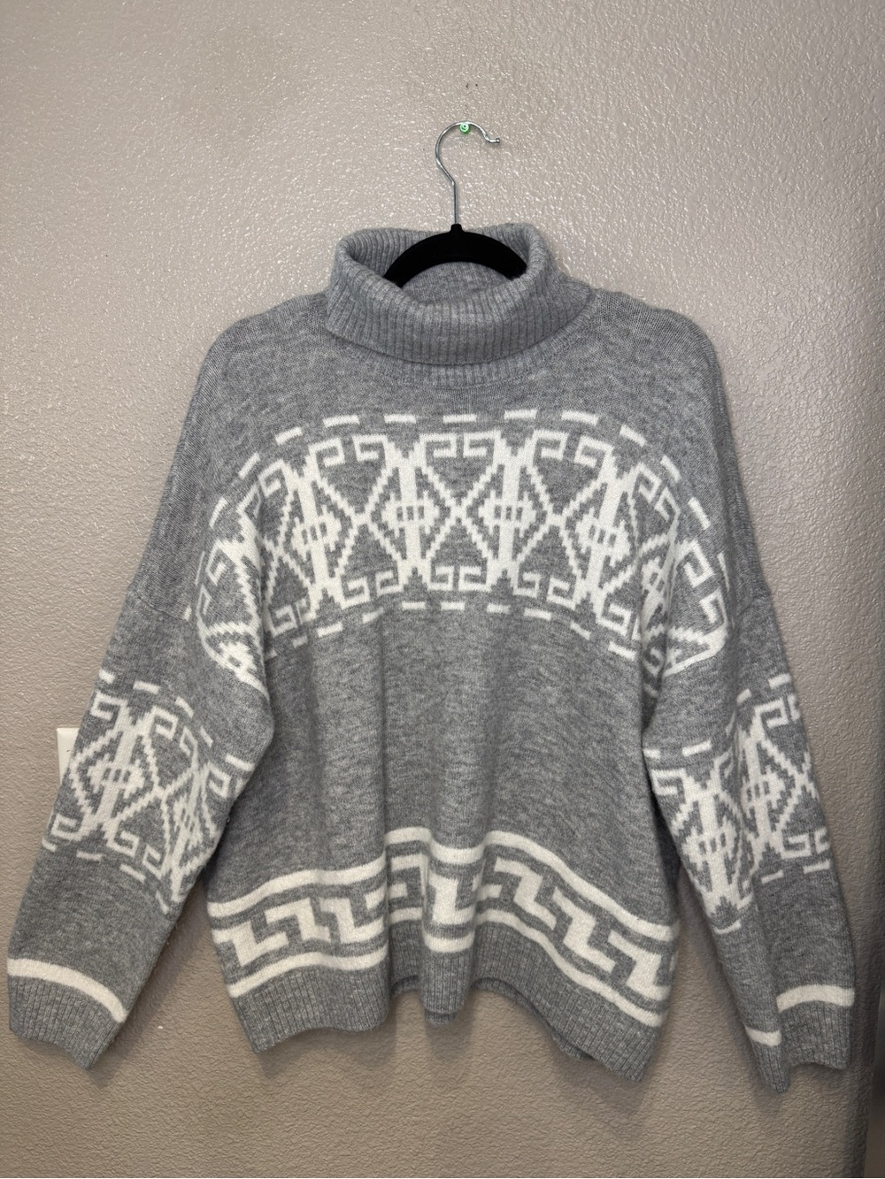 CeCe Gray Ivory Fair Isle Turtleneck Oversized Sweater Size XL